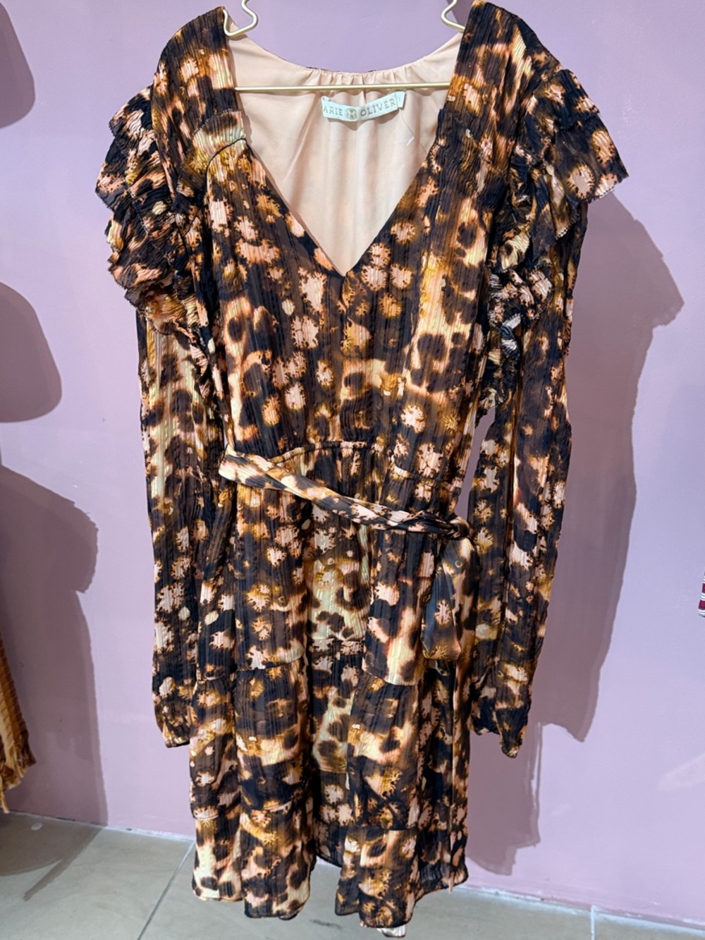 Marie Oliver Brown and Black Animal-Print Long Sleeve Wrap Dress
